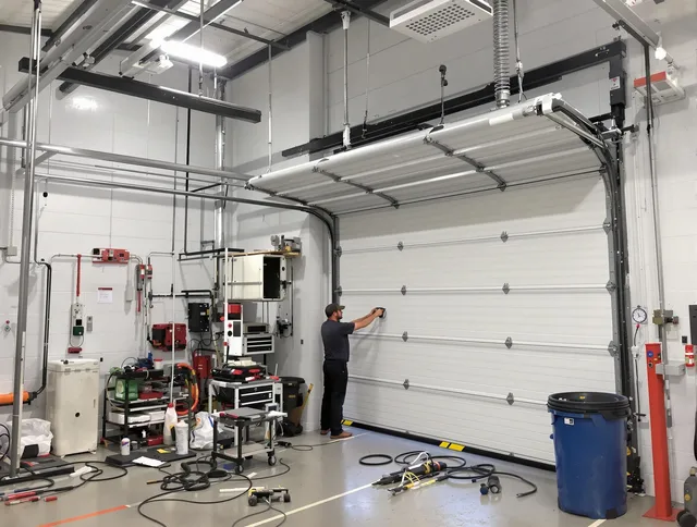 Paramount Garage Door Repair certified technician performing commercial door repair at a Paramount business facility