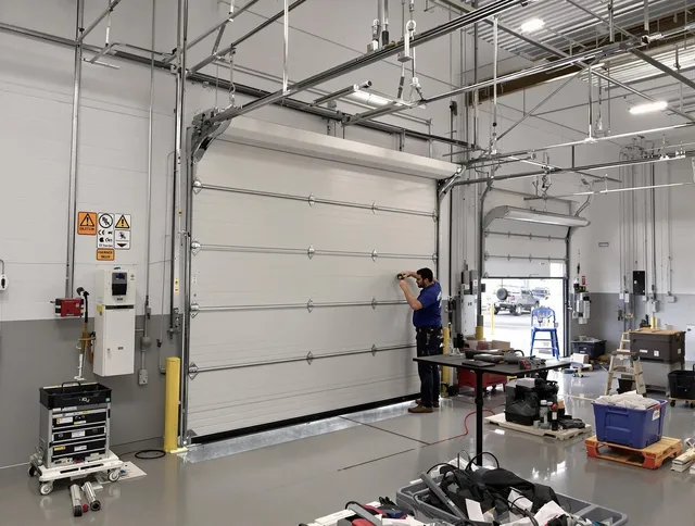 Commercial garage door repair being performed by Paramount Garage Door Repair expert in Paramount