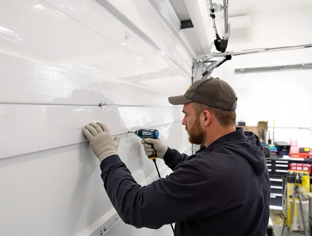 Paramount Garage Door Repair technician demonstrating precision dent removal techniques on a Paramount garage door