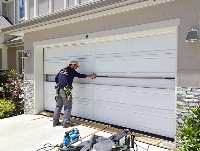 Paramount Garage Door Repair team performing complete garage door replacement at Paramount residence