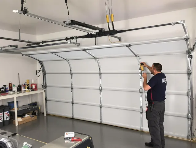 Paramount Garage Door Repair certified technician performing overhead door system repair in Paramount