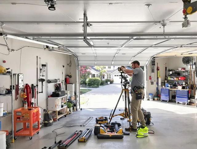 Paramount Garage Door Repair specialist performing laser-guided track alignment in Paramount